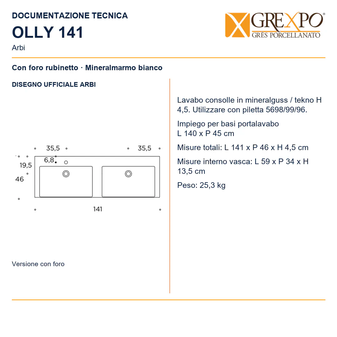 Lavabo consolle in Mineralguss – Arbi Olly 141 – Mineralmarmo Bianco – Con foro rubinetto - Disegno tecnico ARBI