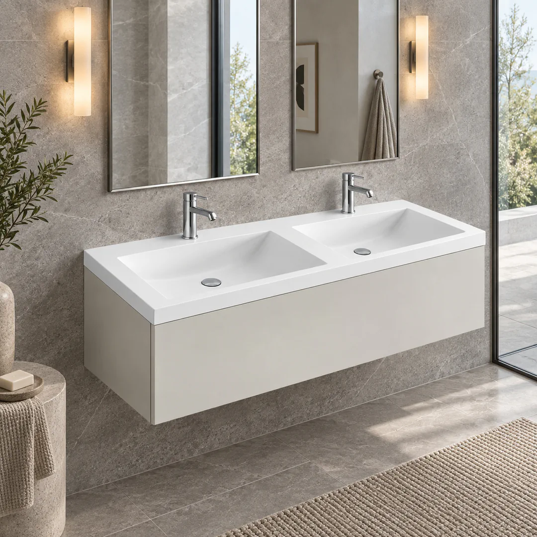 Lavabo consolle in Mineralguss – Arbi Olly 141 – Bianco – Con foro rubinetto - Ambientata
