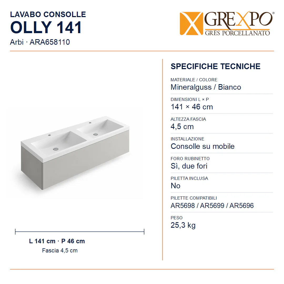 Lavabo consolle in Mineralguss – Arbi Olly 141 – Bianco – Con foro rubinetto - Misure