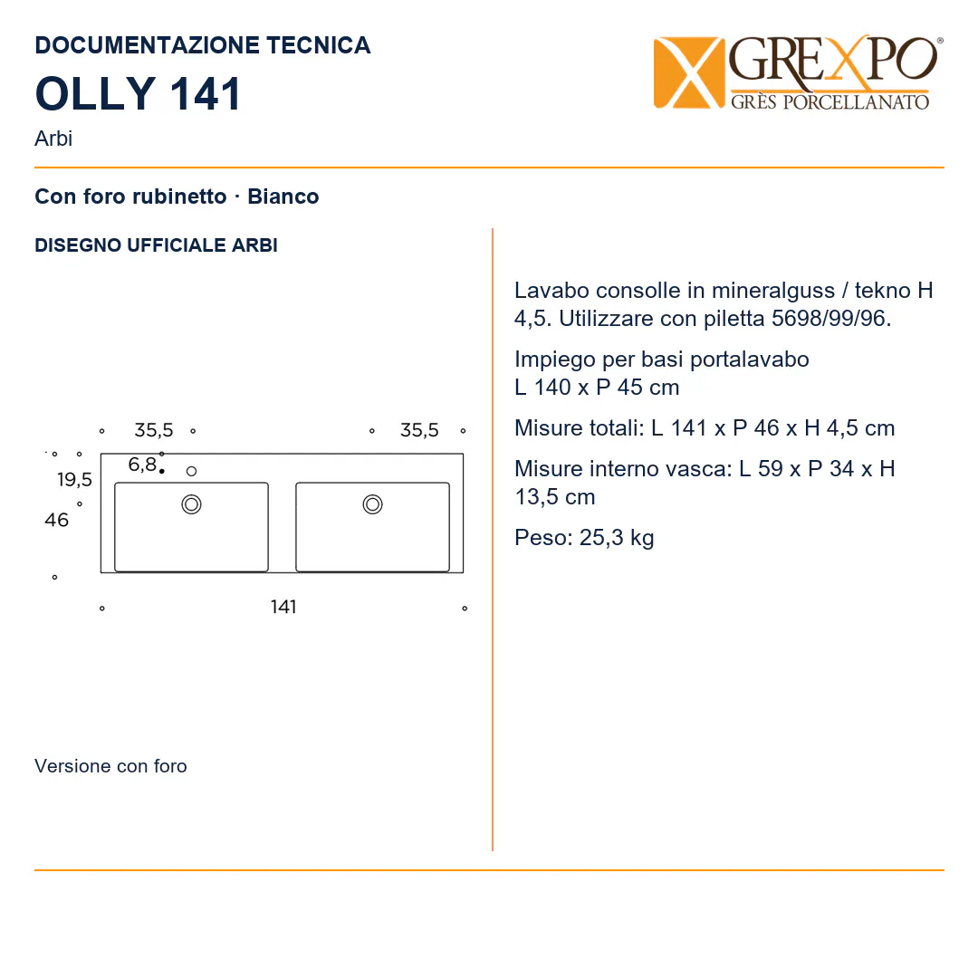Lavabo consolle in Mineralguss – Arbi Olly 141 – Bianco – Con foro rubinetto - Disegno tecnico ARBI