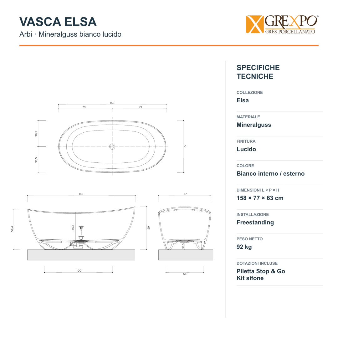 Vasca freestanding Arbi Elsa 158 × 77 cm in Mineralguss bianco lucido