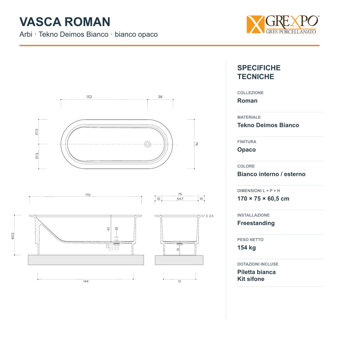 Vasca freestanding Arbi Roman 170 × 75 cm in Tekno Deimos bianco opaco