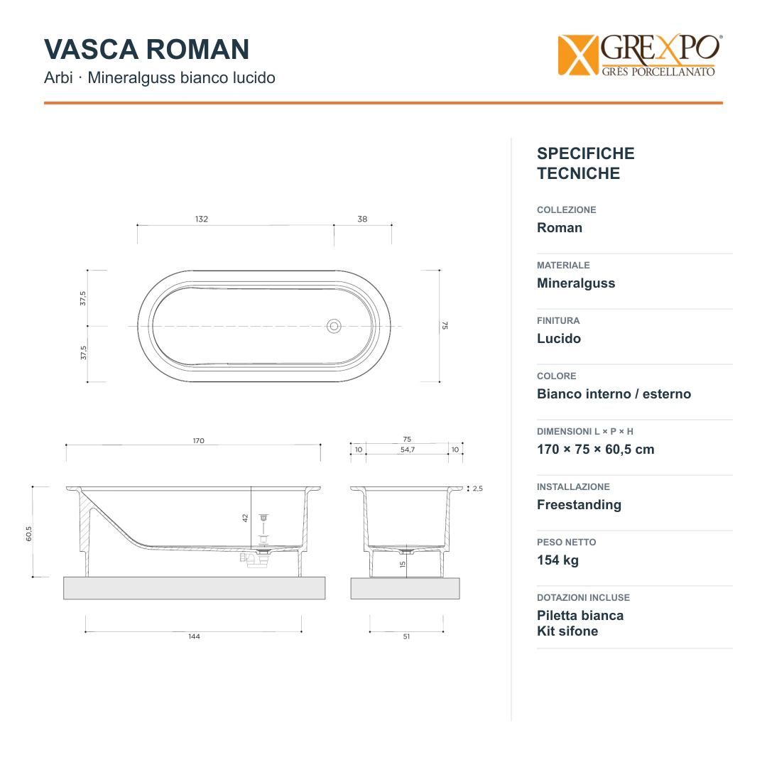 Vasca freestanding Arbi Roman 170 × 75 cm in Mineralguss bianco lucido