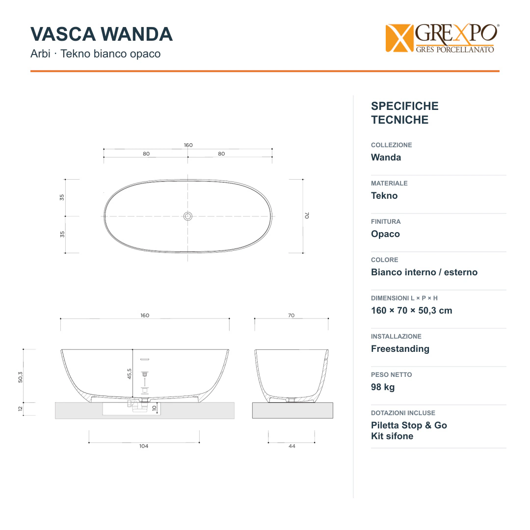 Vasca freestanding Arbi Wanda 160 × 70 cm in Tekno bianco opaco