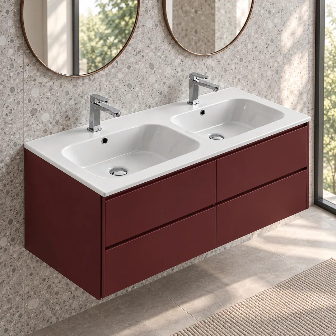 Lavabo consolle in Ceramica – Arbi Qubo 121 Doppio – Bianco – Con foro rubinetto - Ambientata