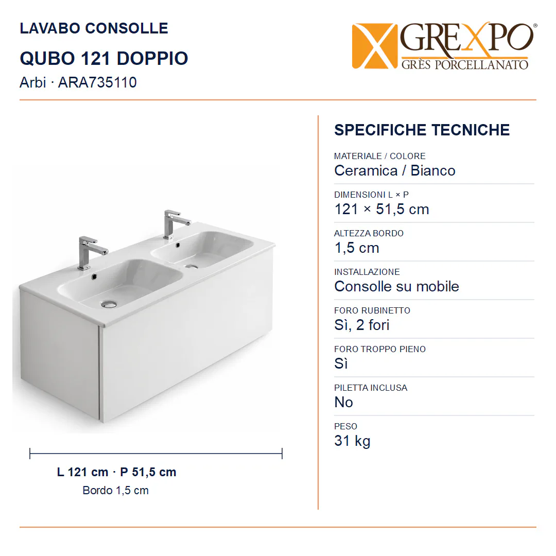 Lavabo consolle in Ceramica – Arbi Qubo 121 Doppio – Bianco – Con foro rubinetto - Misure