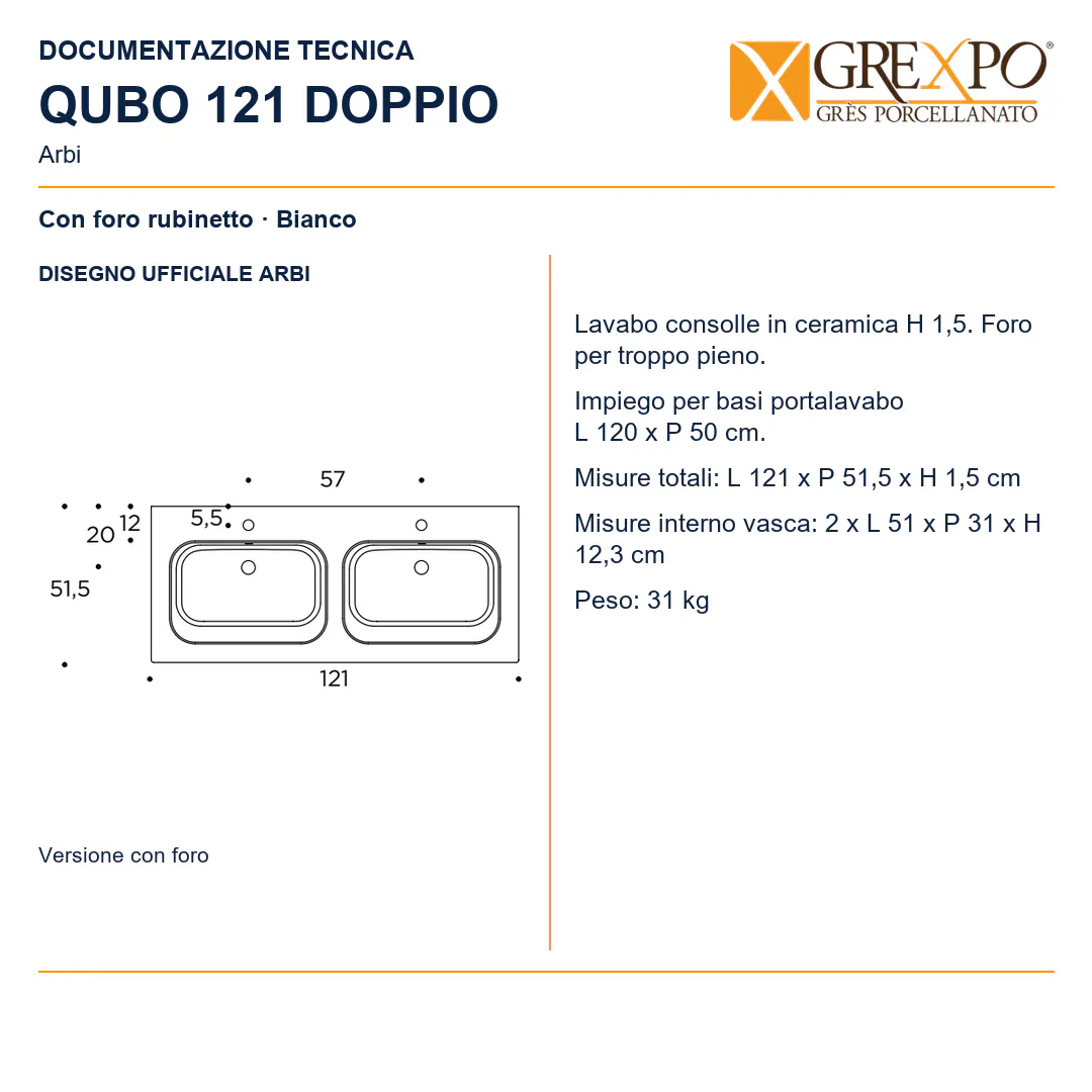 Lavabo consolle in Ceramica – Arbi Qubo 121 Doppio – Bianco – Con foro rubinetto - Disegno tecnico ARBI