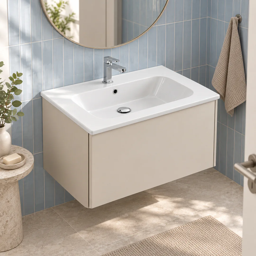 Lavabo consolle in Ceramica – Arbi Qubo 71 – Bianco – Con foro rubinetto - Ambientata