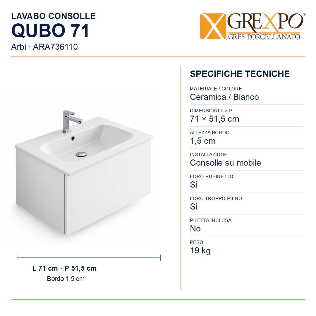 Lavabo consolle in Ceramica – Arbi Qubo 71 – Bianco – Con foro rubinetto - Misure