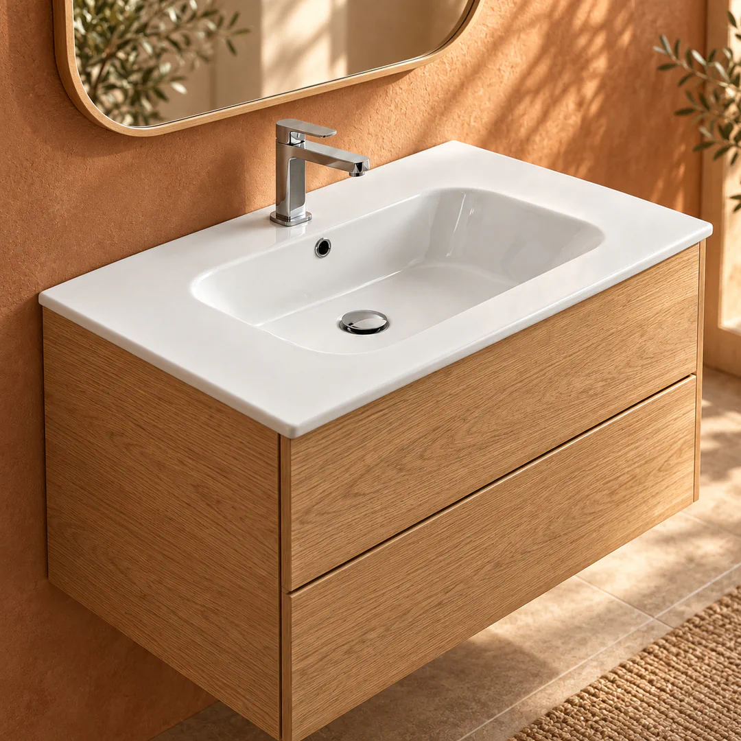 Lavabo consolle in Ceramica – Arbi Qubo 86 – Bianco – Con foro rubinetto - Ambientata