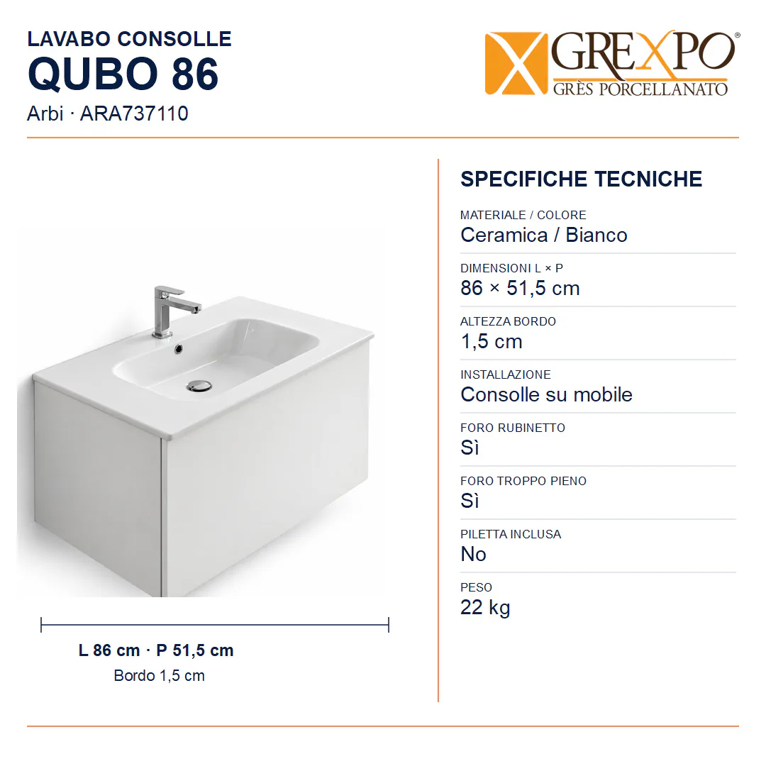 Lavabo consolle in Ceramica – Arbi Qubo 86 – Bianco – Con foro rubinetto - Misure