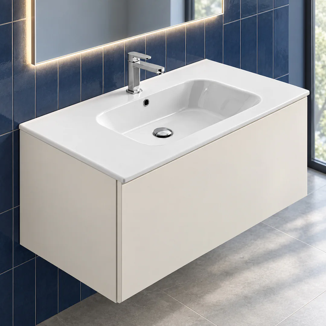 Lavabo consolle in Ceramica – Arbi Qubo 96 – Bianco – Con foro rubinetto - Ambientata