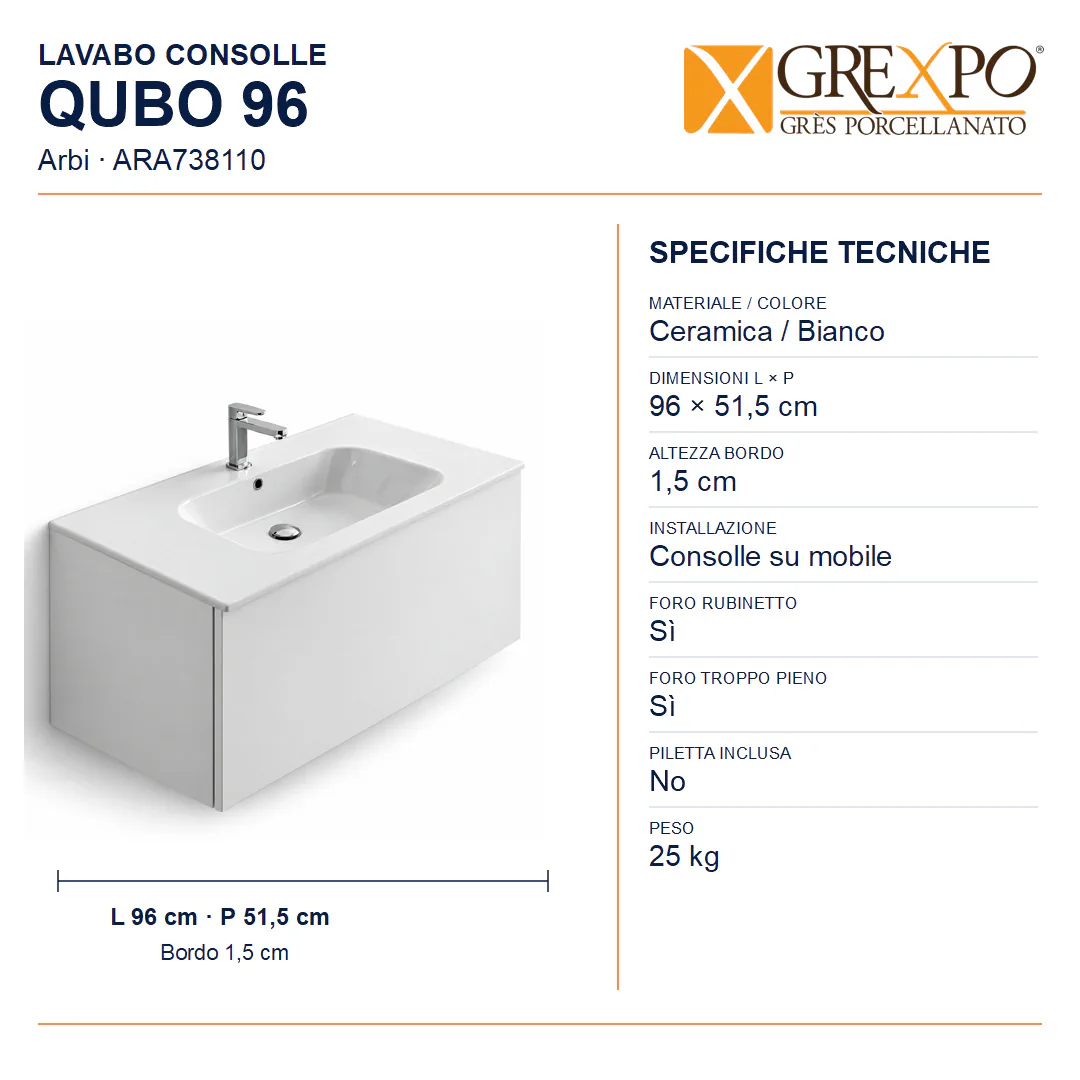 Lavabo consolle in Ceramica – Arbi Qubo 96 – Bianco – Con foro rubinetto - Misure