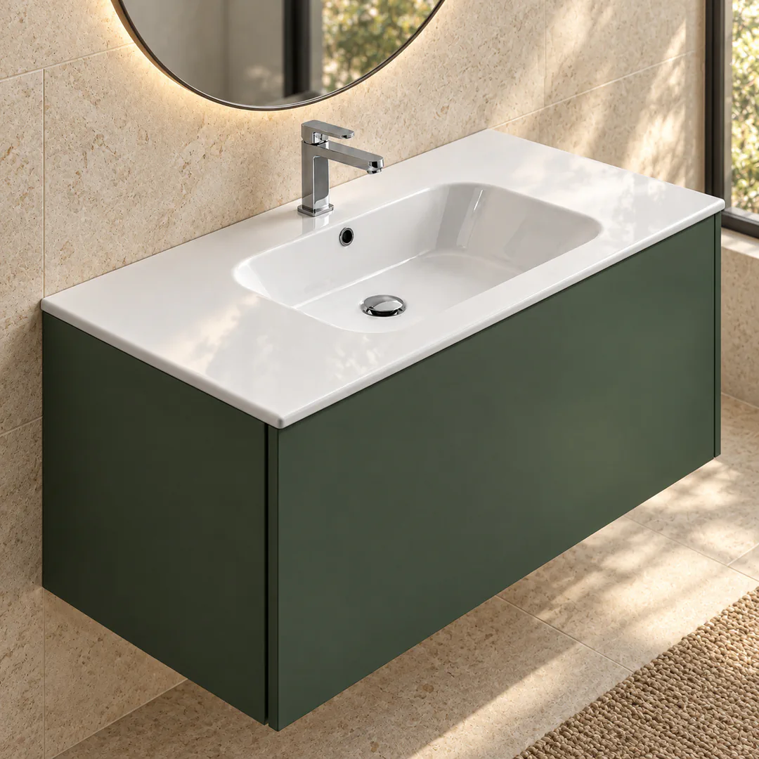 Lavabo consolle in Ceramica – Arbi Qubo 106 – Bianco – Con foro rubinetto - Ambientata