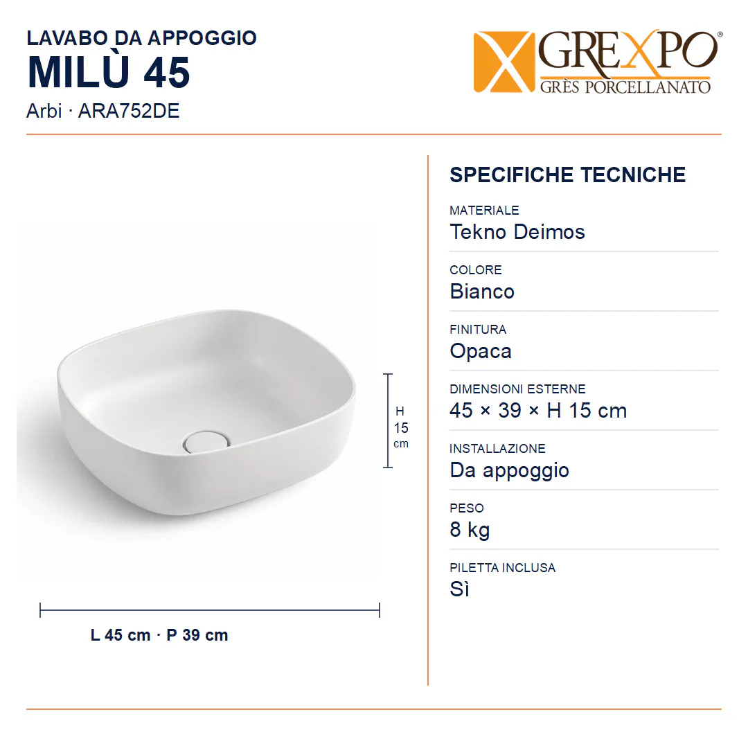 Lavabo da appoggio in Tekno – Arbi Milù 45 – Bianco opaco - Misure