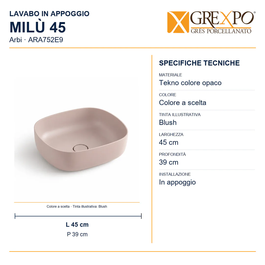 Lavabo da appoggio in Tekno – Arbi Milù 45 – Tekno colore opaco da scegliere in mazzetta Arbi - Misure