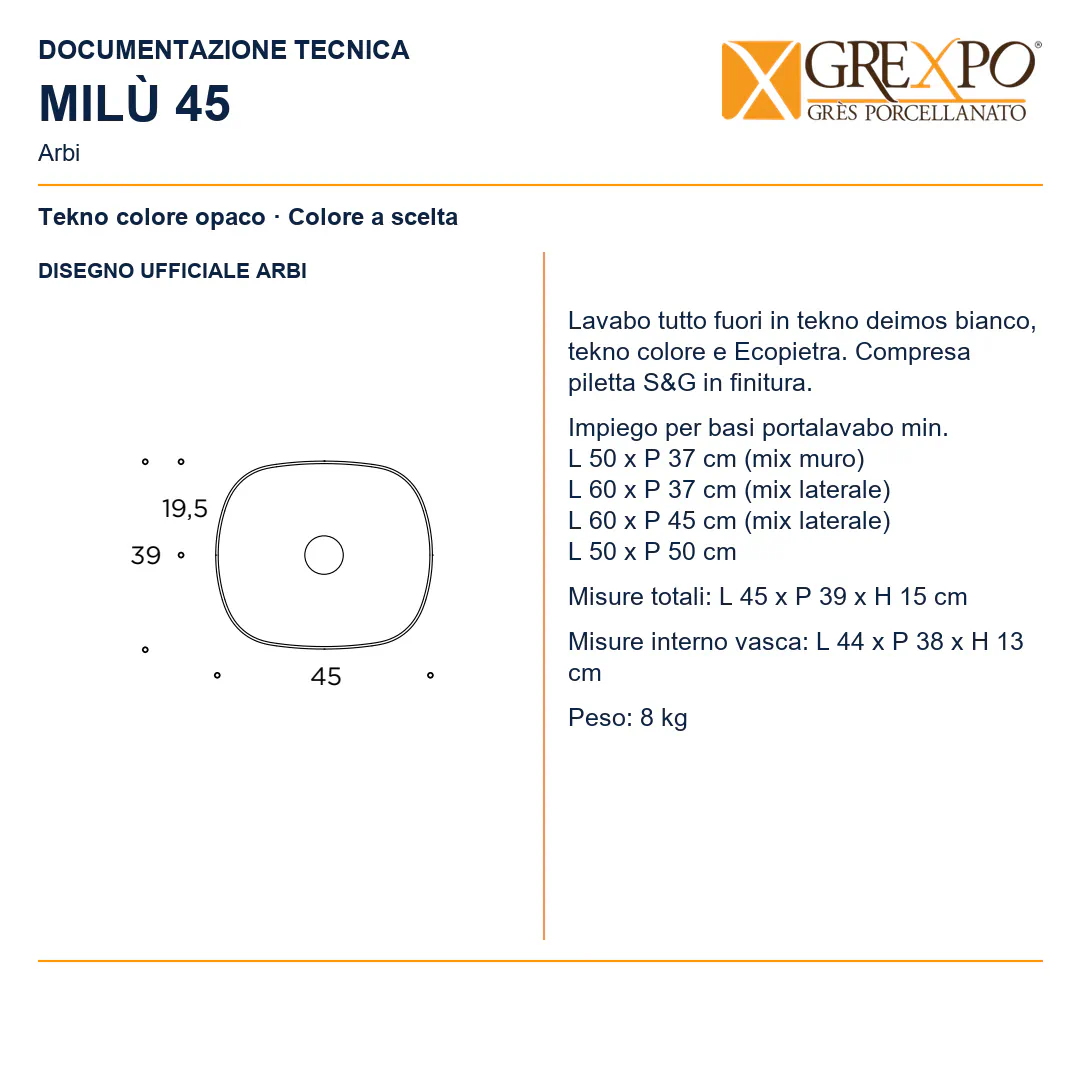 Lavabo da appoggio in Tekno – Arbi Milù 45 – Tekno colore opaco da scegliere in mazzetta Arbi - Disegno tecnico ARBI