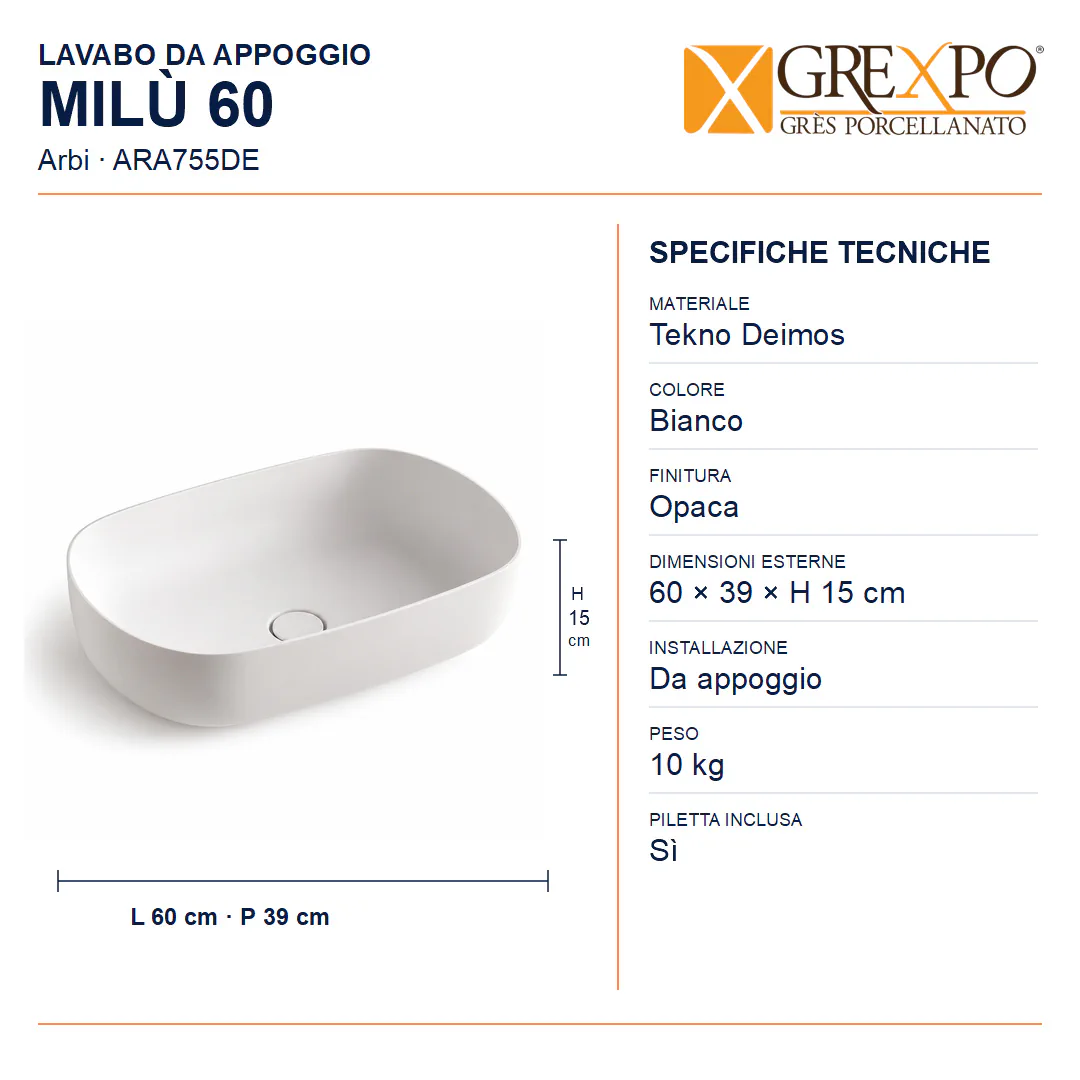 Lavabo da appoggio in Tekno – Arbi Milù 60 – Bianco opaco - Misure