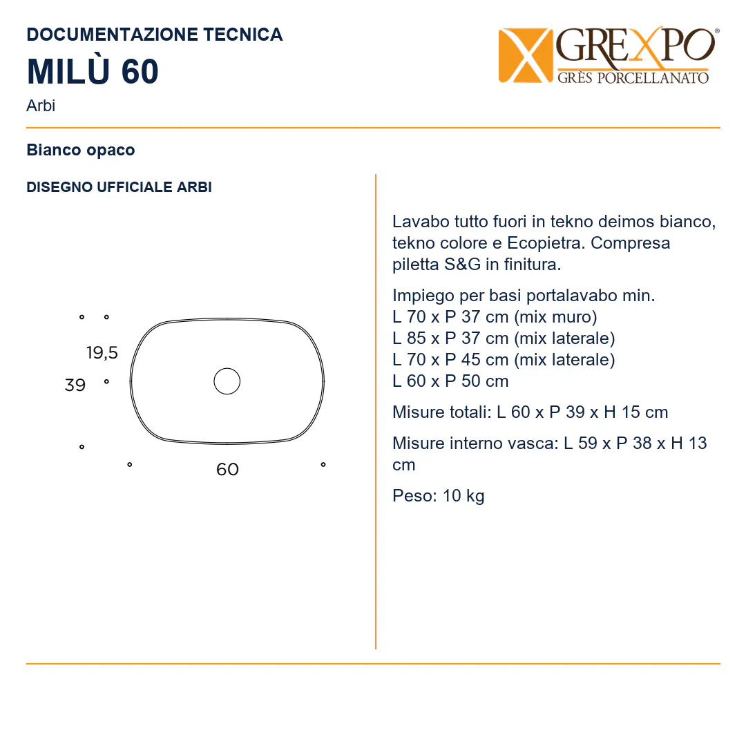 Lavabo da appoggio in Tekno – Arbi Milù 60 – Bianco opaco - Disegno tecnico ARBI