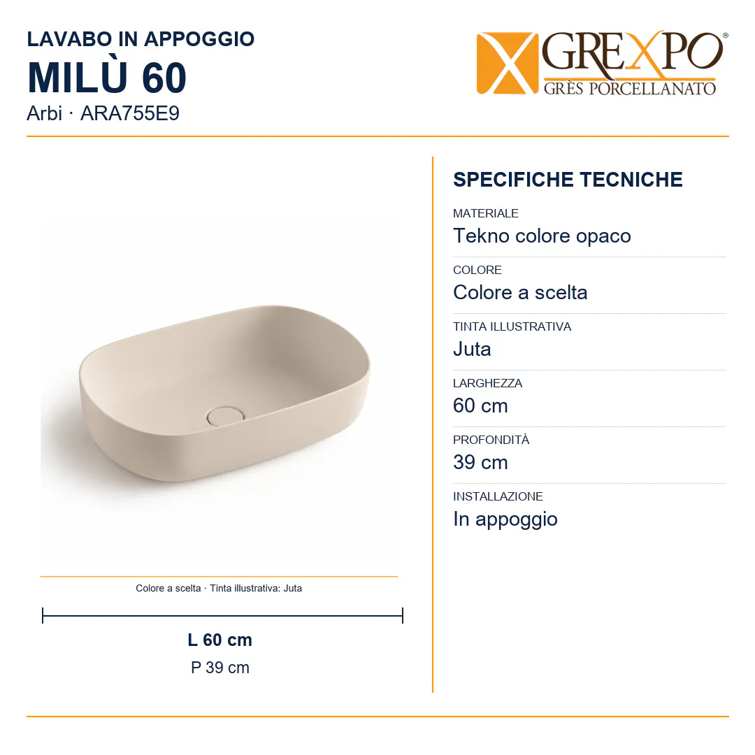 Lavabo da appoggio in Tekno – Arbi Milù 60 – Tekno colore opaco da scegliere in mazzetta Arbi - Misure