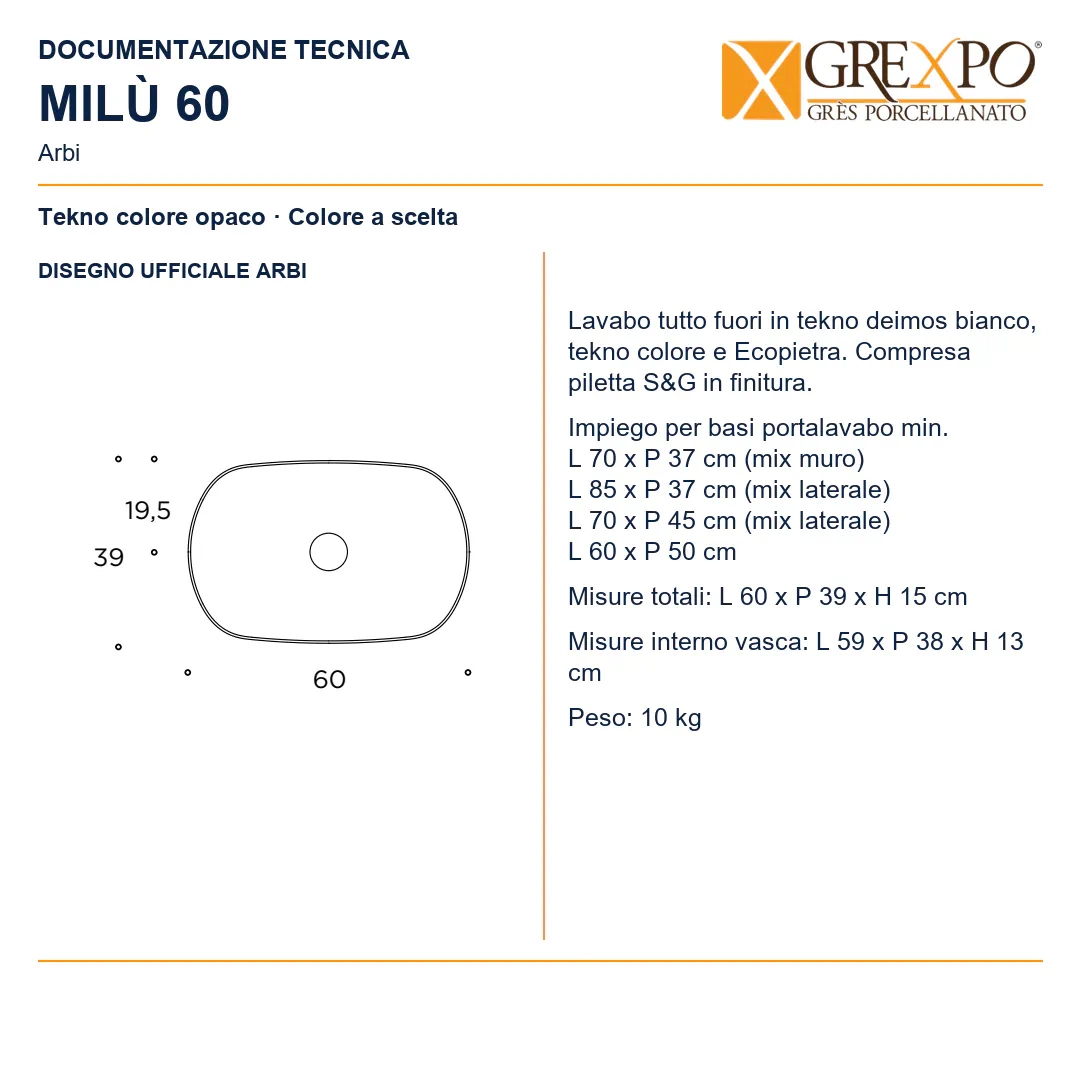 Lavabo da appoggio in Tekno – Arbi Milù 60 – Tekno colore opaco da scegliere in mazzetta Arbi - Disegno tecnico ARBI