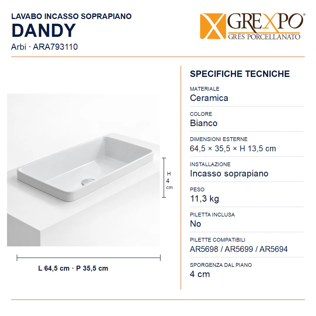 Lavabo da incasso soprapiano in Ceramica – Arbi Dandy – Bianco - Misure