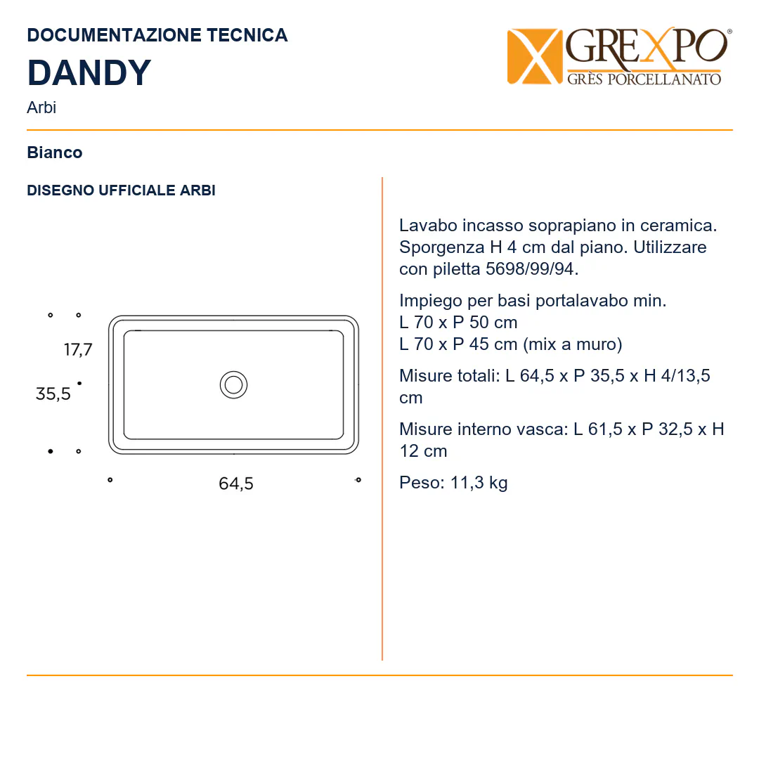 Lavabo da incasso soprapiano in Ceramica – Arbi Dandy – Bianco - Disegno tecnico ARBI