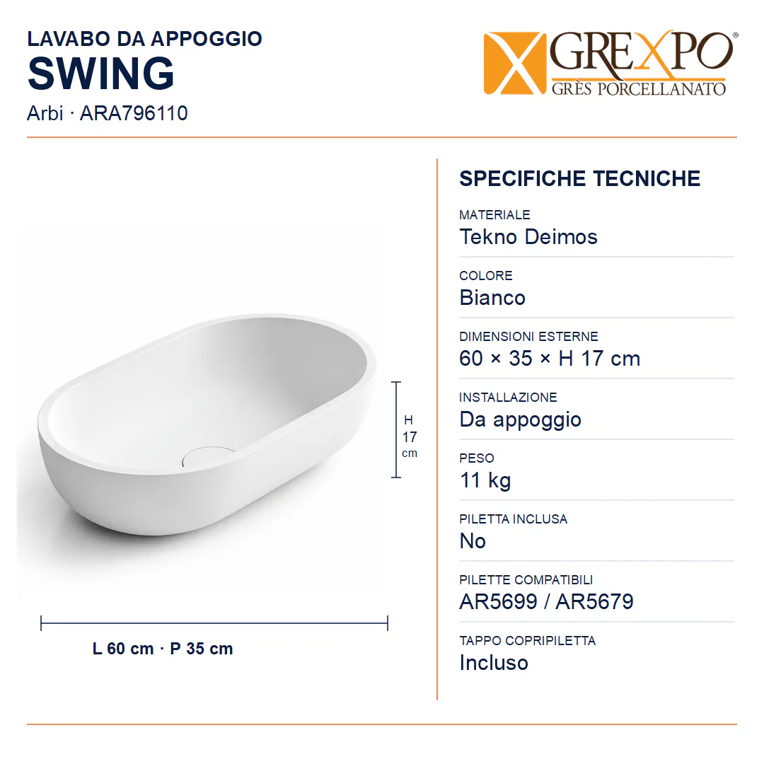 Lavabo da appoggio in Tekno – Arbi Swing – Bianco - Misure