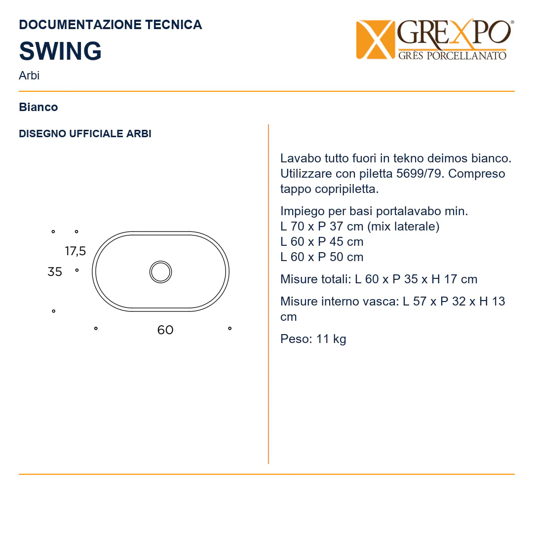 Lavabo da appoggio in Tekno – Arbi Swing – Bianco - Disegno tecnico ARBI