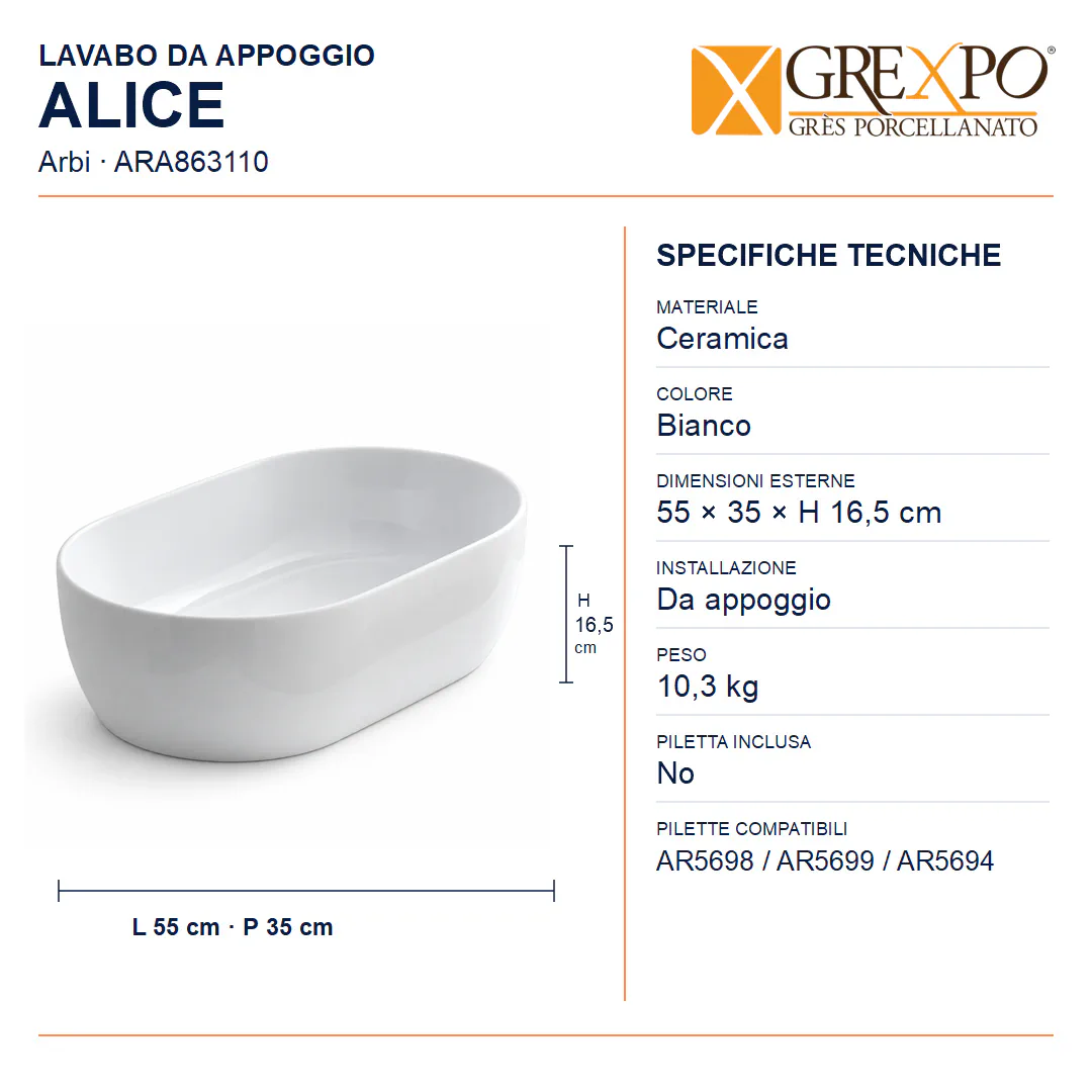 Lavabo da appoggio in Ceramica – Arbi Alice – Bianco - Misure