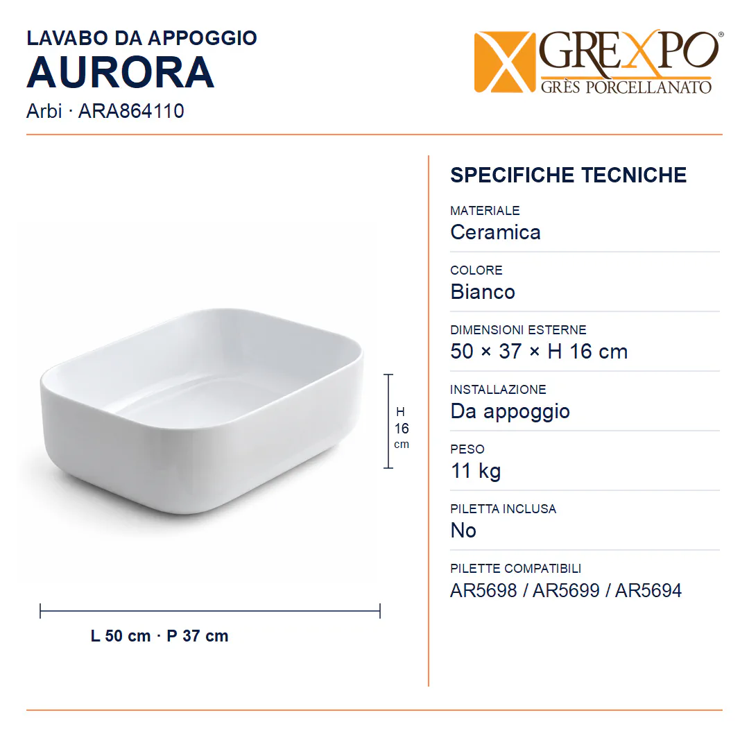 Lavabo da appoggio in Ceramica – Arbi Aurora – Bianco - Misure