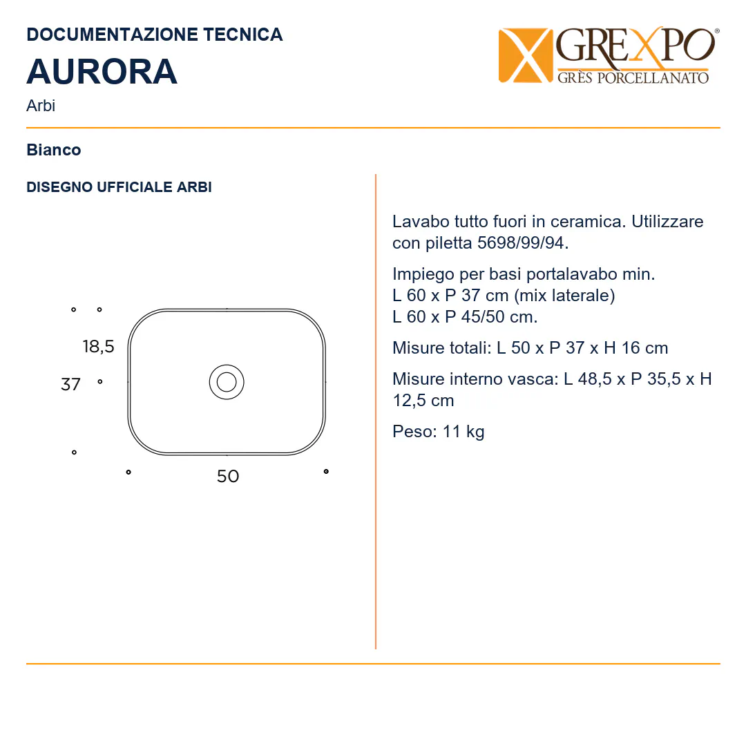 Lavabo da appoggio in Ceramica – Arbi Aurora – Bianco - Disegno tecnico ARBI