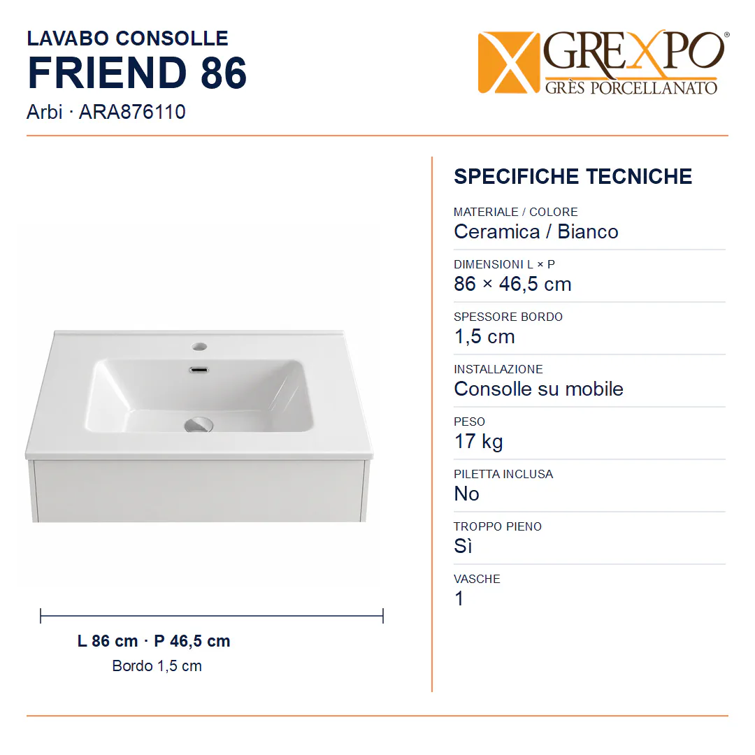 Lavabo consolle in Ceramica – Arbi Friend 86 – Bianco - Misure