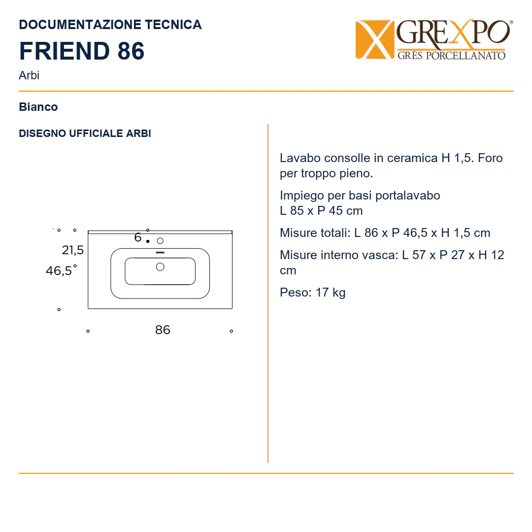 Lavabo consolle in Ceramica – Arbi Friend 86 – Bianco - Disegno tecnico ARBI