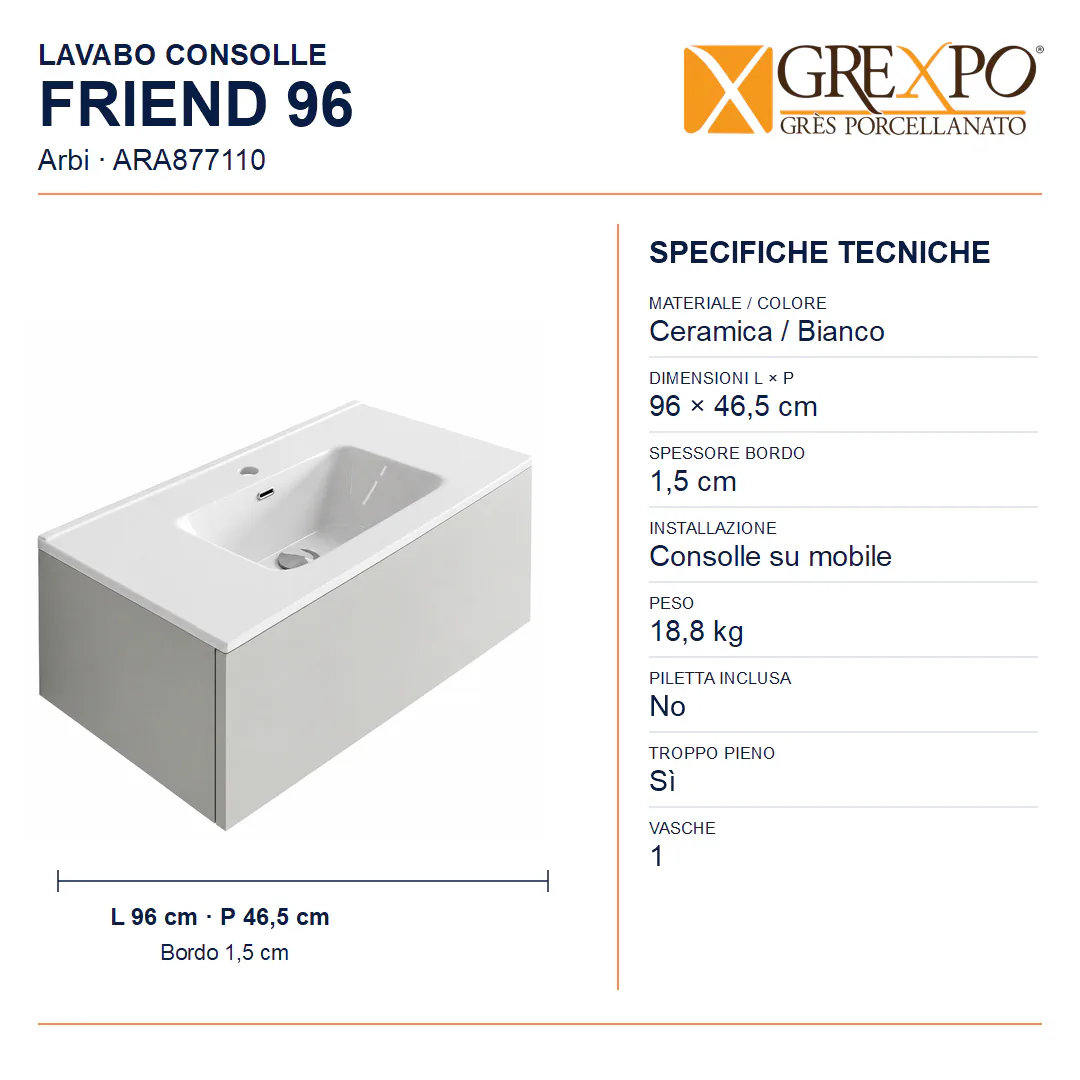 Lavabo consolle in Ceramica – Arbi Friend 96 – Bianco - Misure