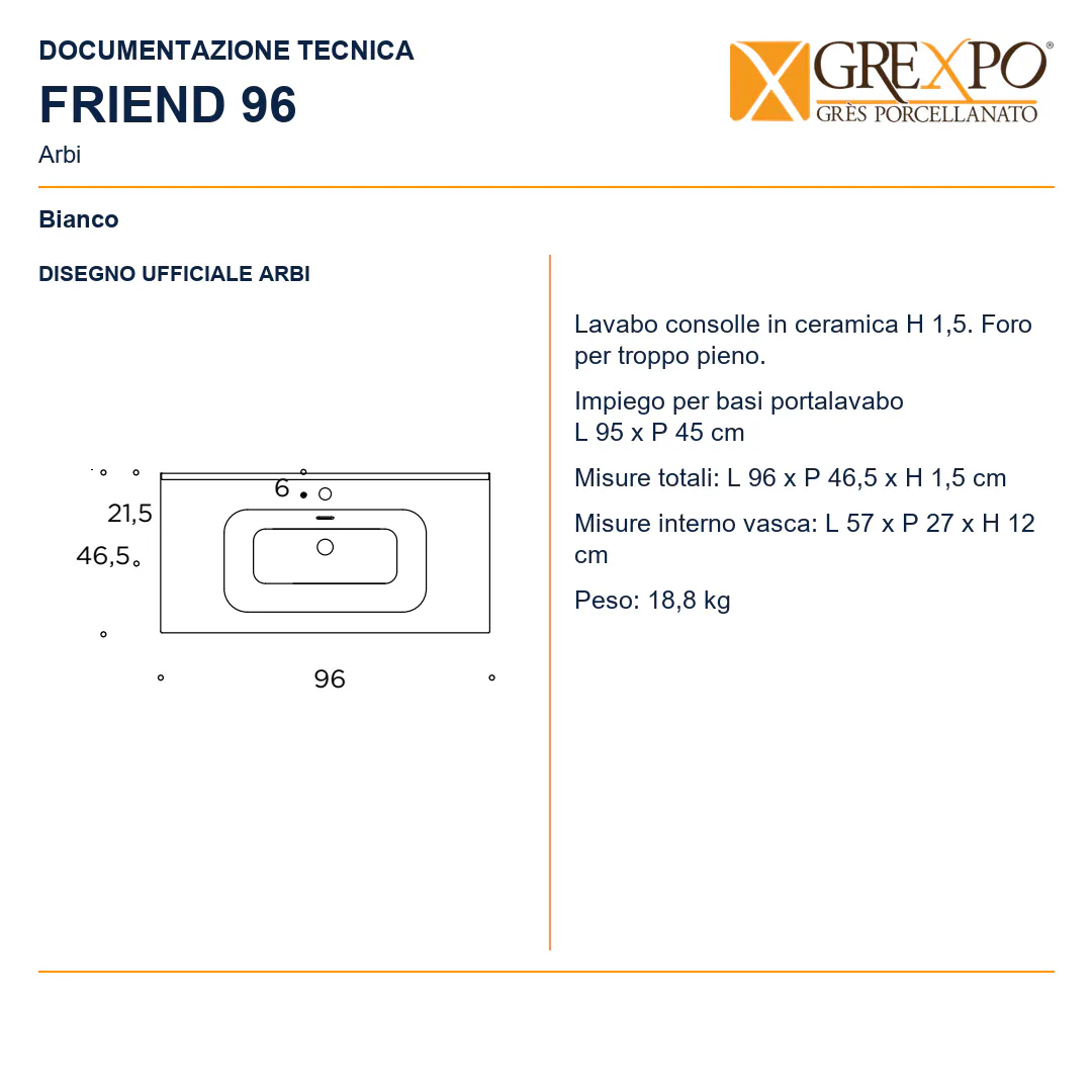 Lavabo consolle in Ceramica – Arbi Friend 96 – Bianco - Disegno tecnico ARBI