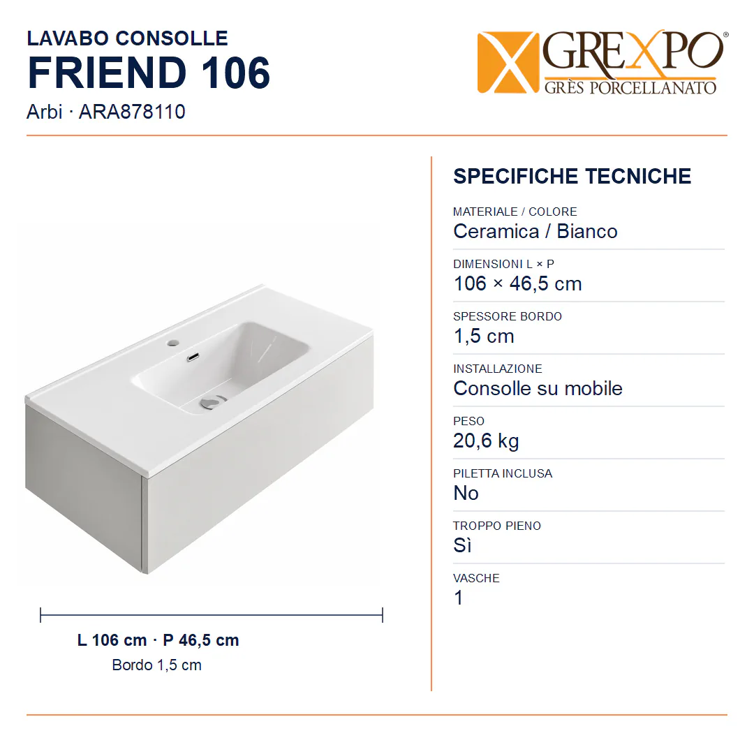 Lavabo consolle in Ceramica – Arbi Friend 106 – Bianco - Misure
