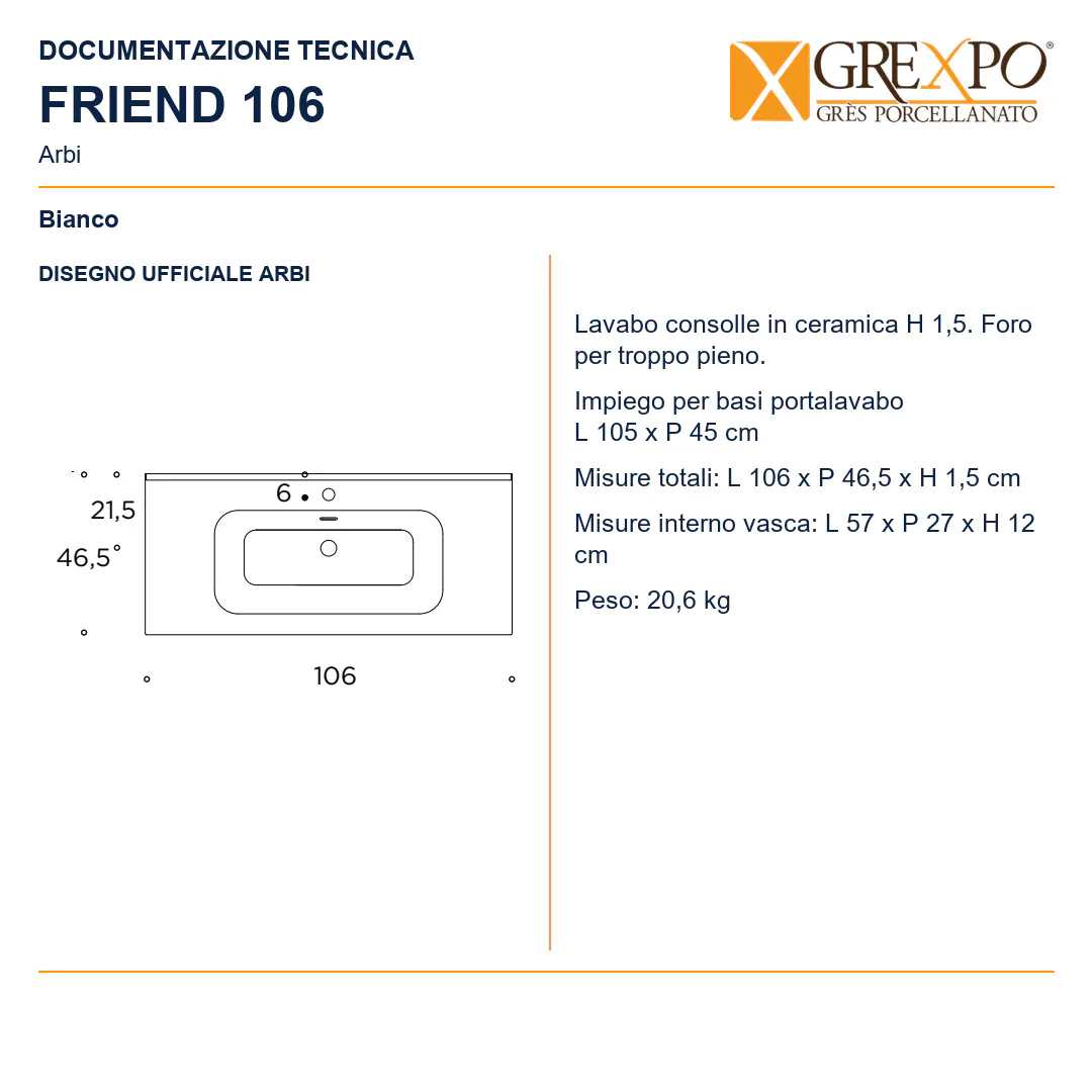 Lavabo consolle in Ceramica – Arbi Friend 106 – Bianco - Disegno tecnico ARBI