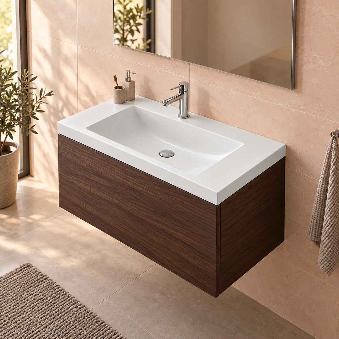 Lavabo consolle in Mineralguss / Tekno – Arbi Olly 86 – Mineralmarmo Bianco – Con foro rubinetto - Ambientata