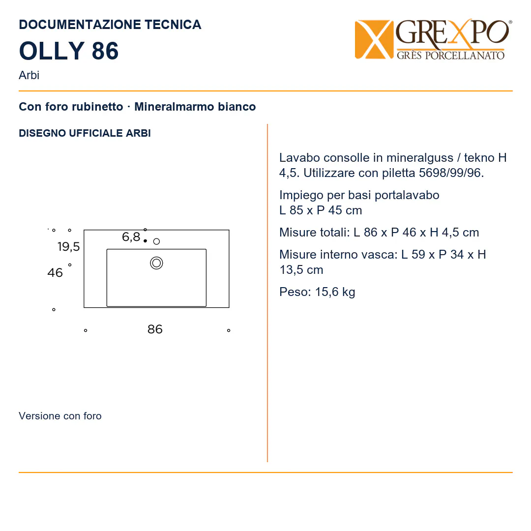 Lavabo consolle in Mineralguss / Tekno – Arbi Olly 86 – Mineralmarmo Bianco – Con foro rubinetto - Disegno tecnico ARBI