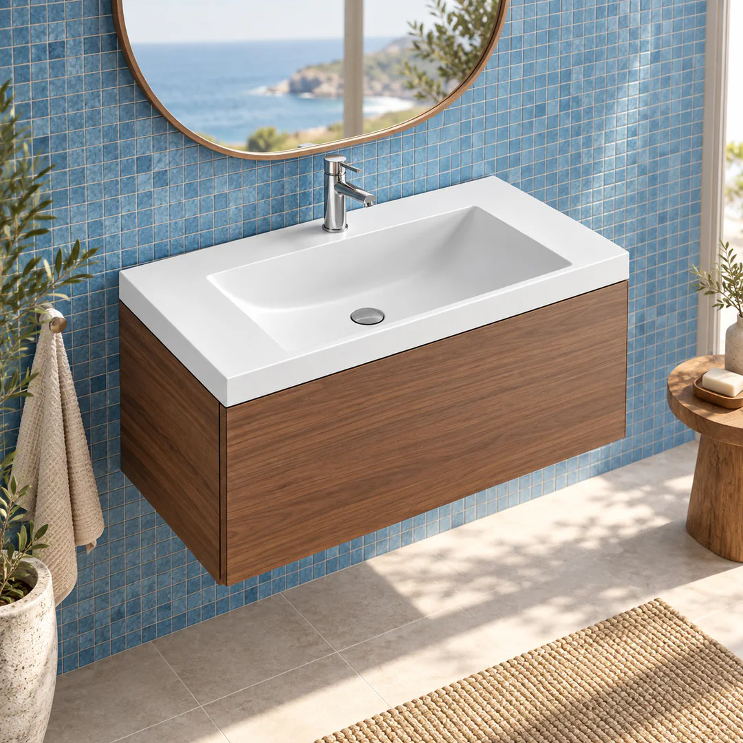 Lavabo consolle in Mineralguss / Tekno – Arbi Olly 86 – Bianco – Con foro rubinetto - Ambientata