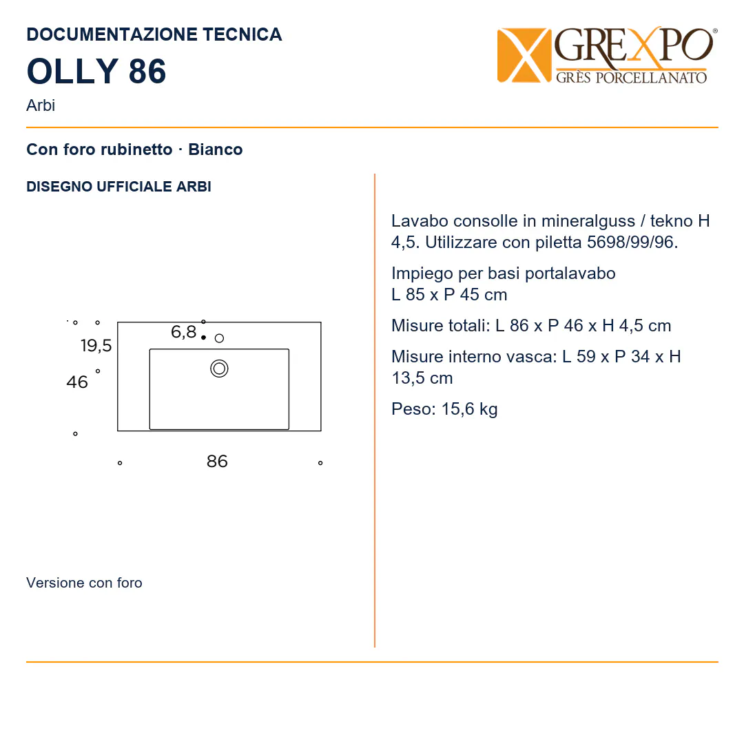 Lavabo consolle in Mineralguss / Tekno – Arbi Olly 86 – Bianco – Con foro rubinetto - Disegno tecnico ARBI