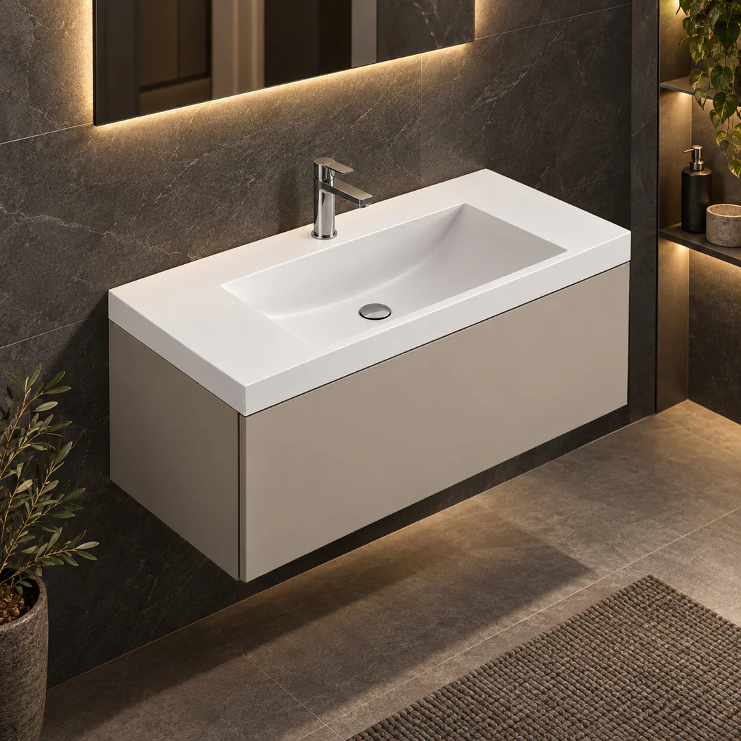 Lavabo consolle in Mineralguss / Tekno – Arbi Olly 96 – Mineralmarmo Bianco – Con foro rubinetto - Ambientata