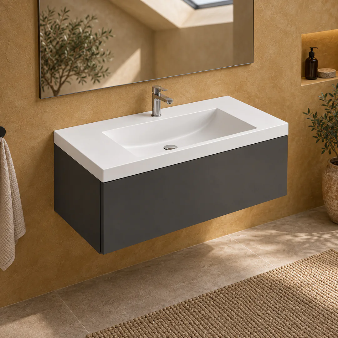 Lavabo consolle in Mineralguss / Tekno – Arbi Olly 96 – Bianco – Con foro rubinetto - Ambientata