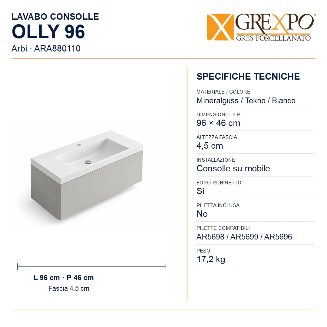 Lavabo consolle in Mineralguss / Tekno – Arbi Olly 96 – Bianco – Con foro rubinetto - Misure