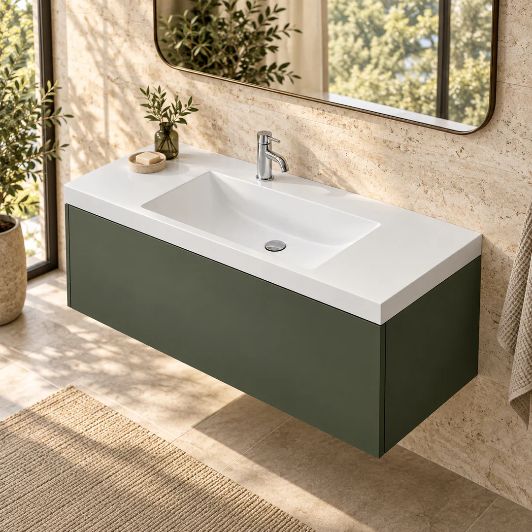 Lavabo consolle in Mineralguss / Tekno – Arbi Olly 106 – Mineralmarmo Bianco – Con foro rubinetto - Ambientata