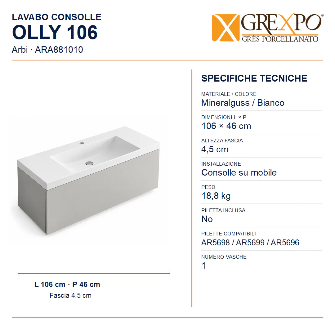 Lavabo consolle in Mineralguss / Tekno – Arbi Olly 106 – Mineralmarmo Bianco – Con foro rubinetto - Misure