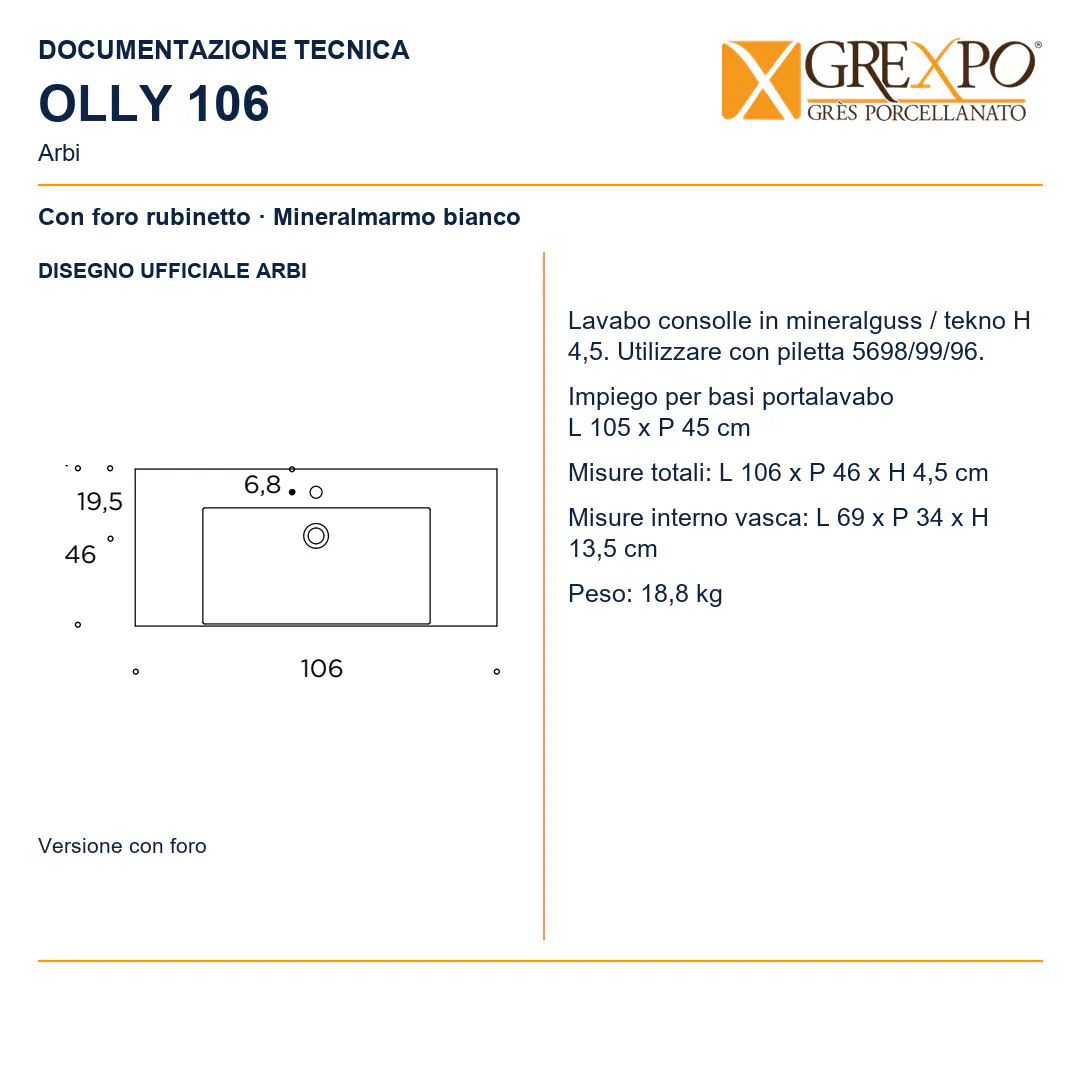 Lavabo consolle in Mineralguss / Tekno – Arbi Olly 106 – Mineralmarmo Bianco – Con foro rubinetto - Disegno tecnico ARBI