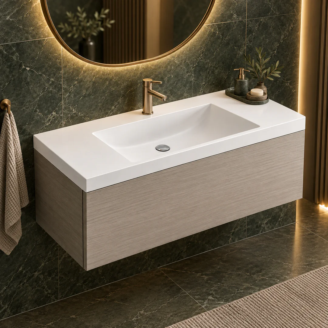 Lavabo consolle in Mineralguss / Tekno – Arbi Olly 106 – Bianco – Con foro rubinetto - Ambientata