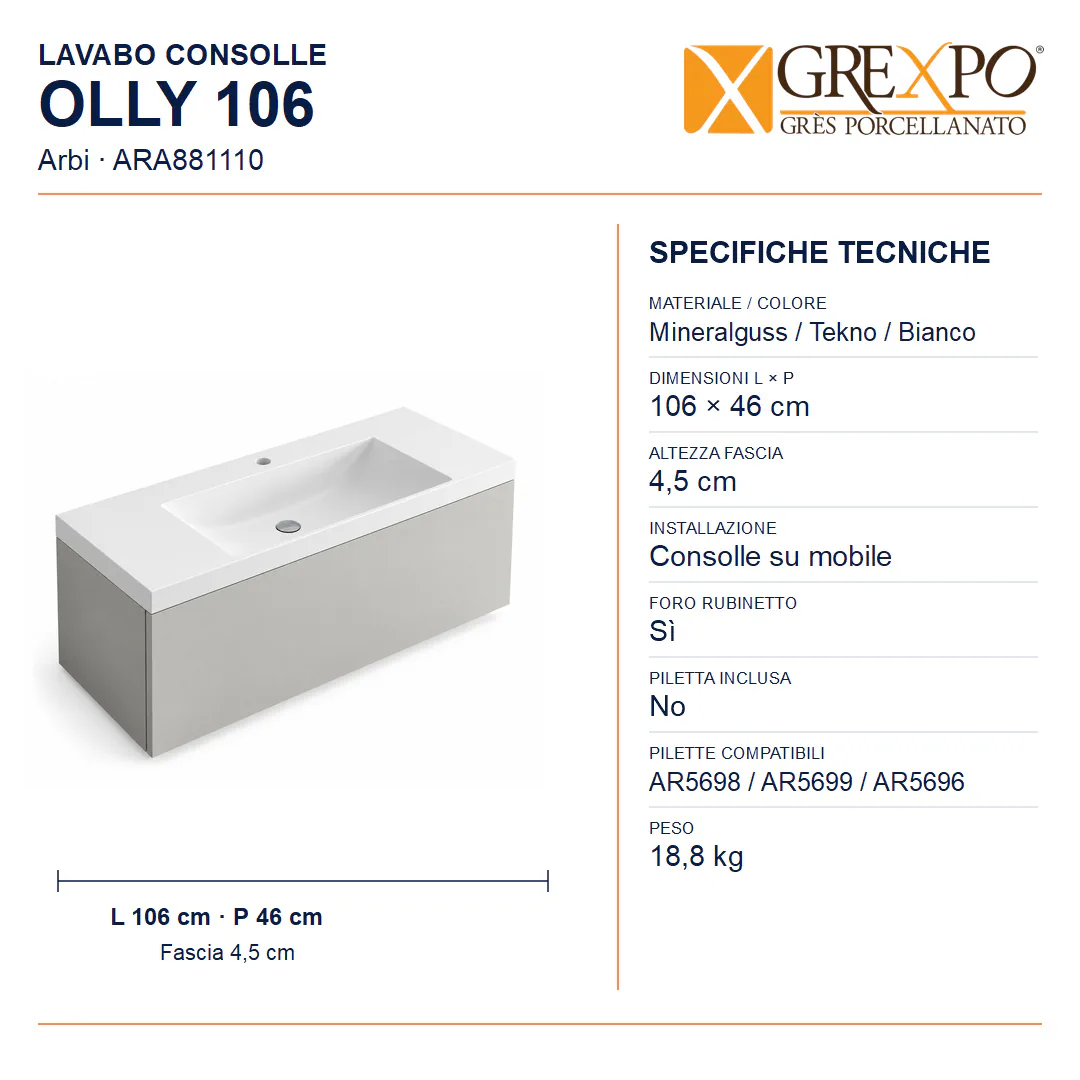 Lavabo consolle in Mineralguss / Tekno – Arbi Olly 106 – Bianco – Con foro rubinetto - Misure